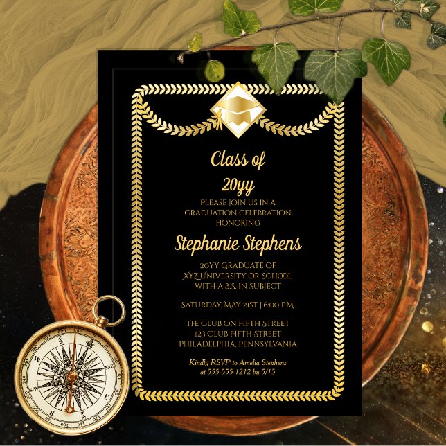 Schwarz | Gold Serpentine Graduation Party Einladung (Elegant Black and Gold Tone Serpentine College University Graduation Party Invitation Print Digital)