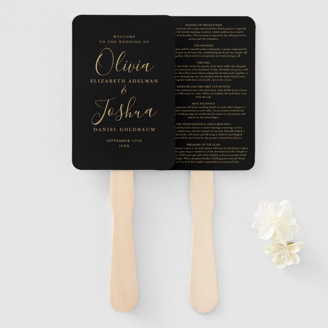 Schwarz-Gold-Signatur-Skript für jüdische Hochzeit Fächer (Vorne und Hinten)