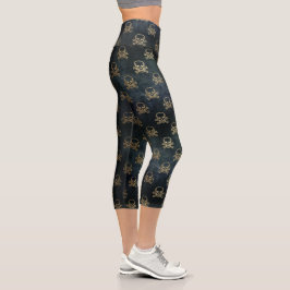 Schwarz-Gold-Skull & Crossbones-Muster Capri Leggings