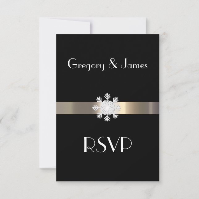 Schwarz-Gold-Snowflake-Hochzeit RSVP Karte (Vorderseite)
