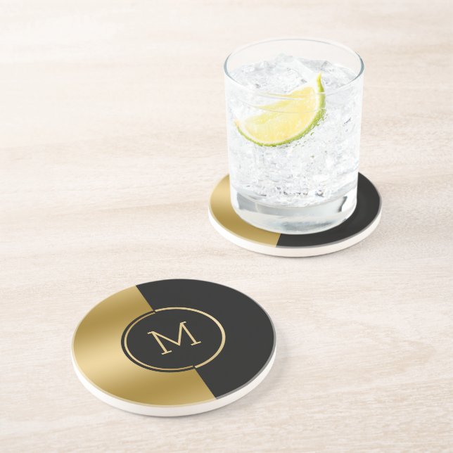 Schwarz-Gold-Splitscreen-Monogramm Getränkeuntersetzer (Seite)