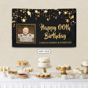 Schwarz-Gold-Sterne-Foto-Geburtstag beliebiges Jah Banner