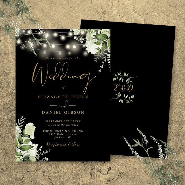 Schwarz-Gold-String-Lichter Blumenzehen Einladung (Black And Gold String Lights Floral Wedding Invitation)