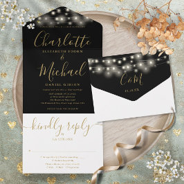 Schwarz-Gold-String-Lichter Chic-Script-Hochzeit All In One Einladung