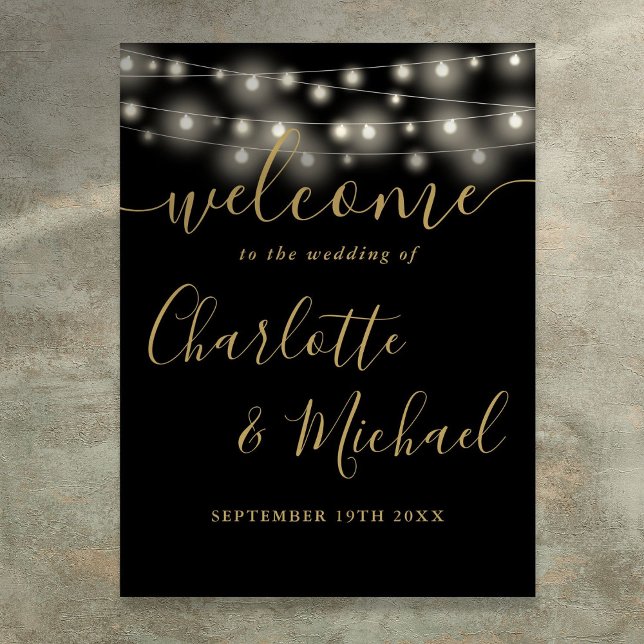 Schwarz-Gold-String-Lichter Hochzeitszeichen Poster (Black And Gold String Lights Wedding Welcome Sign)