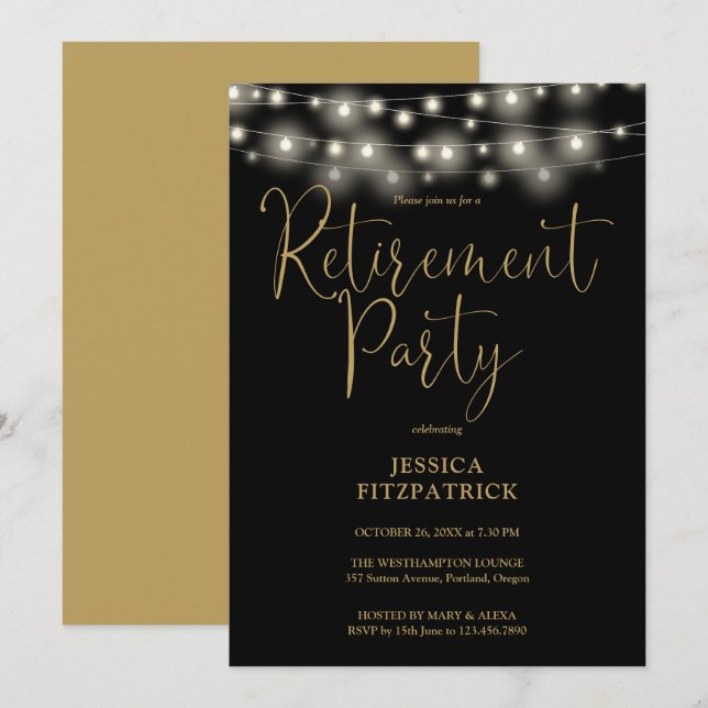 Schwarz-Gold-String-Lights-Rente-Party Einladung (Vorne/Hinten)