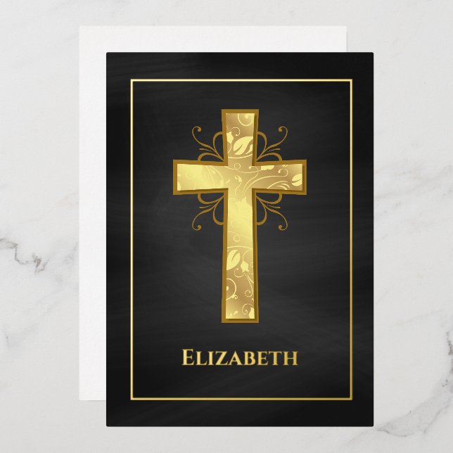 Schwarz-Gold-Taufe oder Christening Filigree Folieneinladung (Vorderseite/Rückseite)