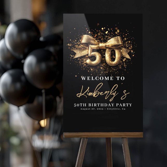 Schwarz-Gold-Typografie 50. Geburtstag Acrylschild (50th birthday welcome sign black and gold acrylic)