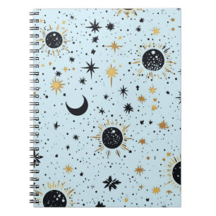 Schwarz, Gold und Blau Himmels-Sonne-Mond-Sterne Notizblock