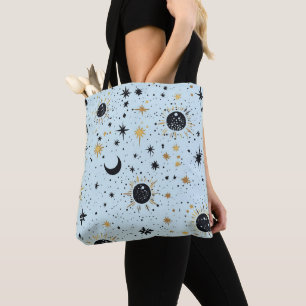Schwarz, Gold und Blau Himmels-Sonne-Mond-Sterne Tasche