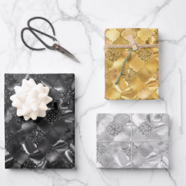 Schwarz, Gold und Silber, marokkanischer Quatrefol Geschenkpapier Set