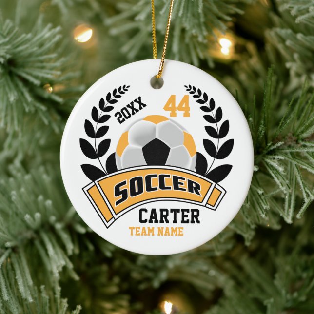 Schwarz, Gold und Weiß personalisieren Fußball ⚽ Keramik Ornament (Baum)