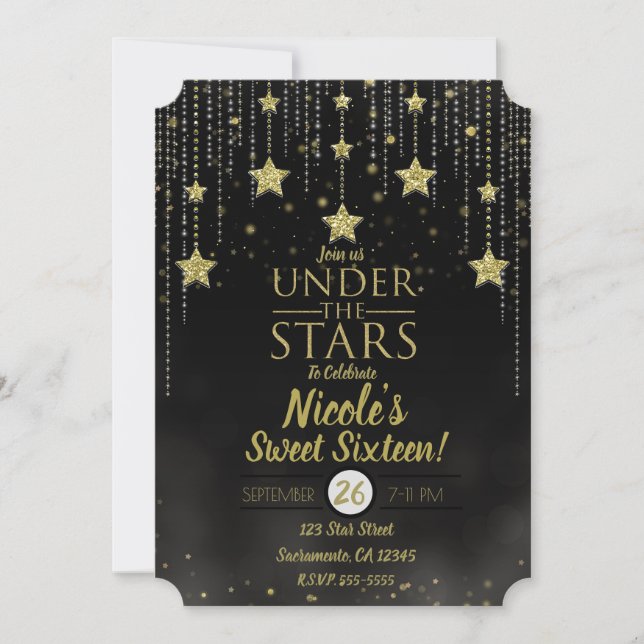 Schwarz & Gold unter den Sternen Starry Sweet 16 Einladung (Vorderseite)