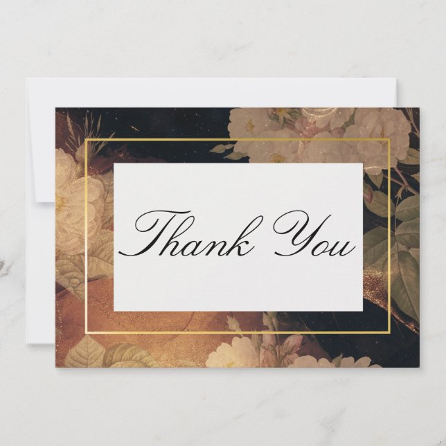 Schwarz-Gold-Vintag-Glam-Blumenhochzeit Dankeskarte (Vorderseite)