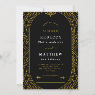 Schwarz & Gold Vintag Moderne Deko Geometric Weddi Einladung