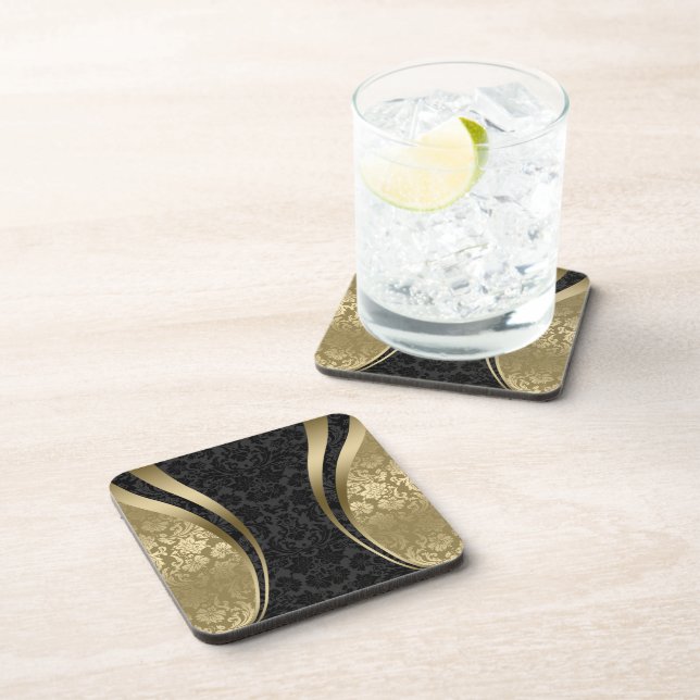 Schwarz-Gold-Vintage Damaskus-Muster Getränkeuntersetzer (Rechte Seite)