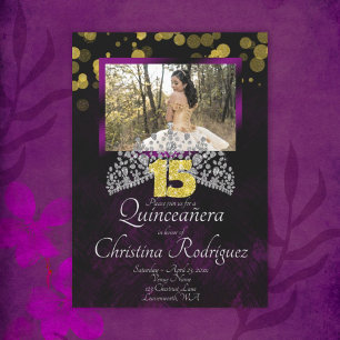 Schwarz, Gold, Violet Quinceanera Tiara Einladung