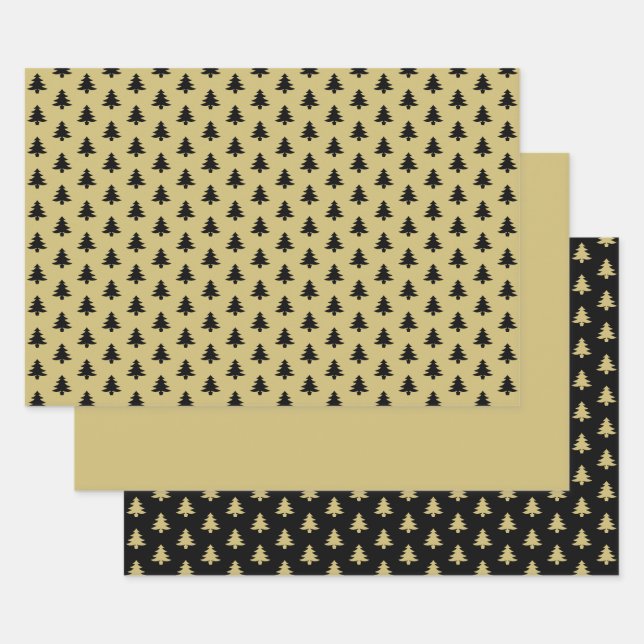 Schwarz/Gold-Weihnachtsbaum Ikonisches Muster Geschenkpapier Set (Set)