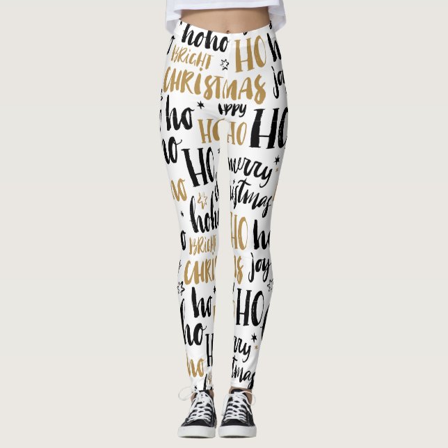Schwarz & Gold Weihnachtswortkunst Niedliche Ästhe Leggings (Vorderseite)