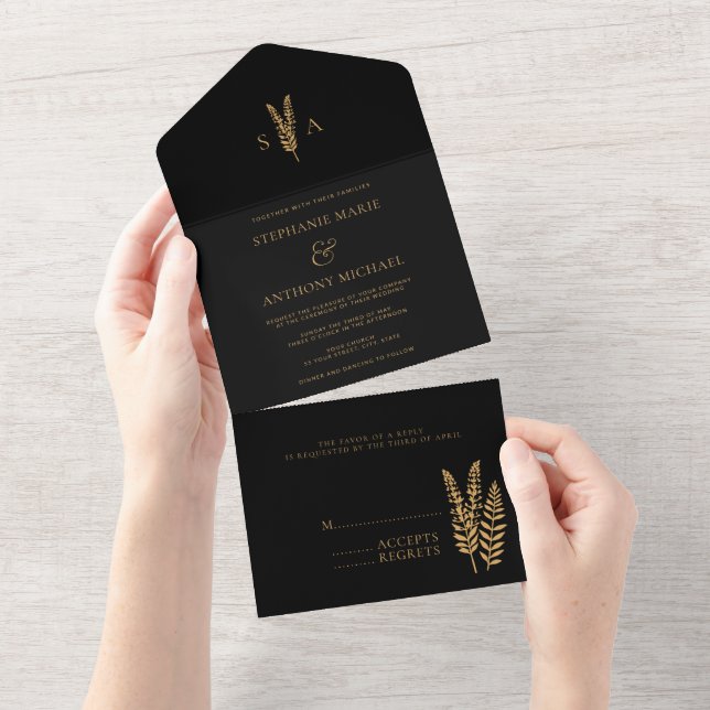 Schwarz-Gold-Wild-Blume Minimale Hochzeit All In One Einladung (Abreißen)