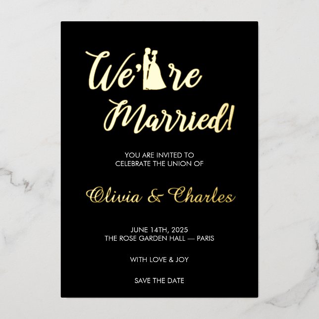 Schwarz & Gold „Wir sind verheiratet“ Folien-Hochz Folieneinladung (Vorderseite)