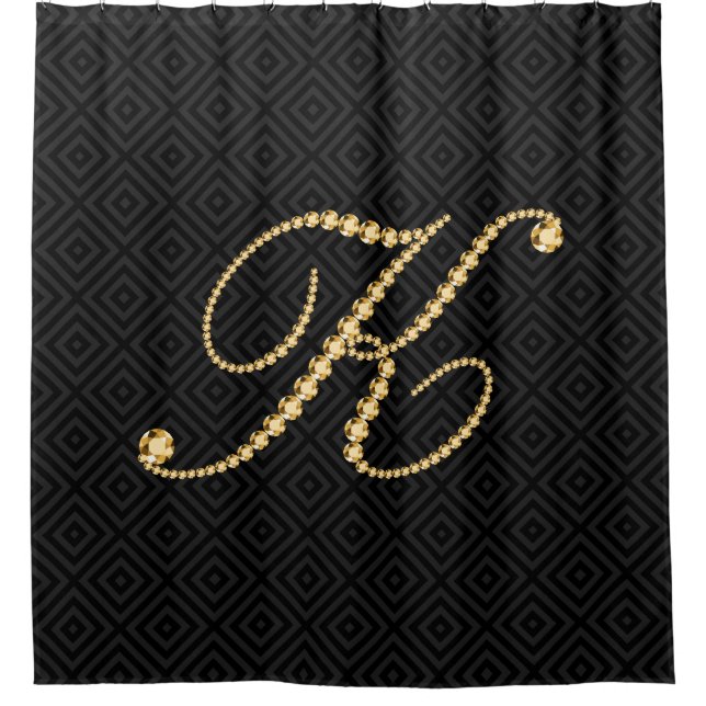 Schwarz/Golden Diamonds Letter K Monogram Duschvorhang (Vorderseite)