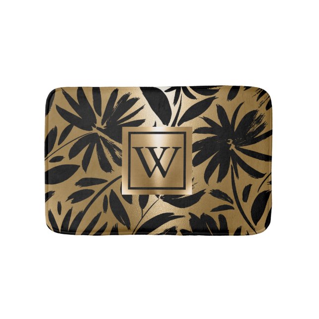 Schwarz-Golden Floral Brush Badematte (Vorderseite)
