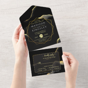 Schwarz & Golden 💍 Moderne Abstrakte Tinten-Öl All In One Einladung