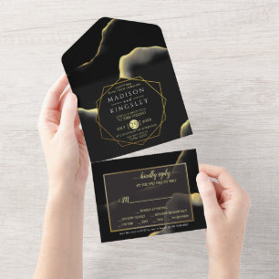 Schwarz & Golden 💍 Moderne abstrakte tintige Ölfa All In One Einladung