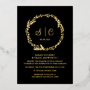 Schwarz-Golden Monogram Floral Botanicals Kranz Folieneinladung