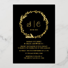 Schwarz-Golden Monogram Floral Botanicals Kranz Folieneinladung