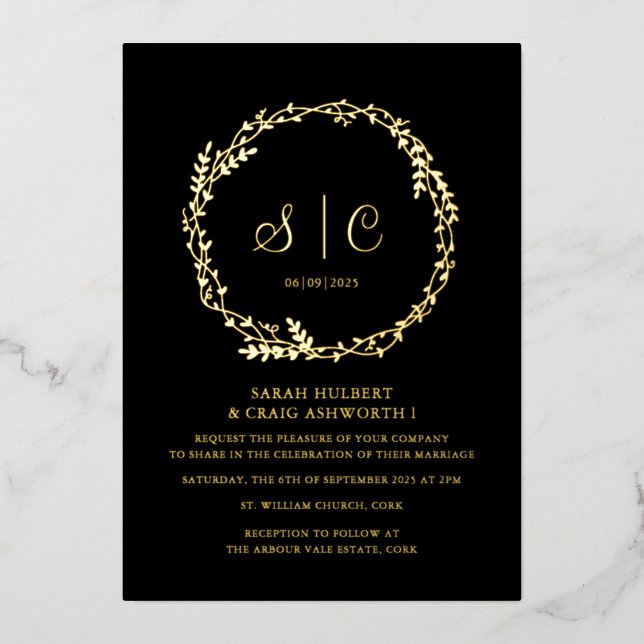 Schwarz-Golden Monogram Floral Botanicals Kranz Folieneinladung (Vorderseite)