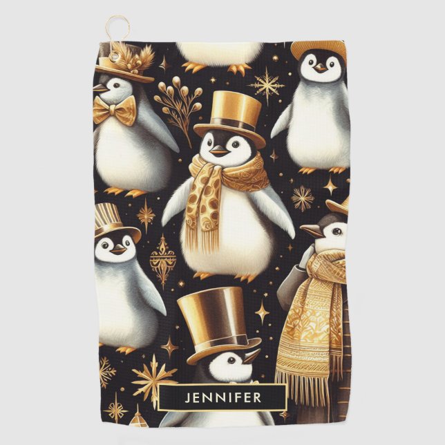 Schwarz-Golden-Pinguin Golfhandtuch (Vorderseite)