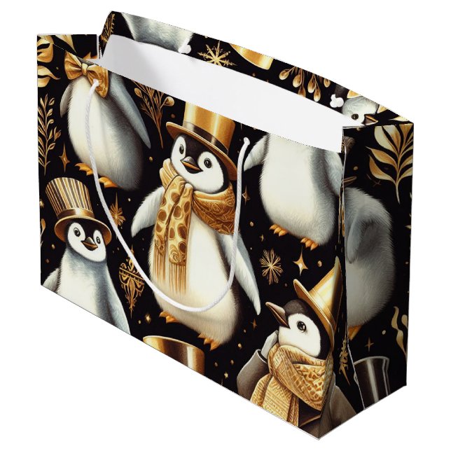 Schwarz-Golden-Pinguin Große Geschenktüte (Rückseite Schrägansicht)