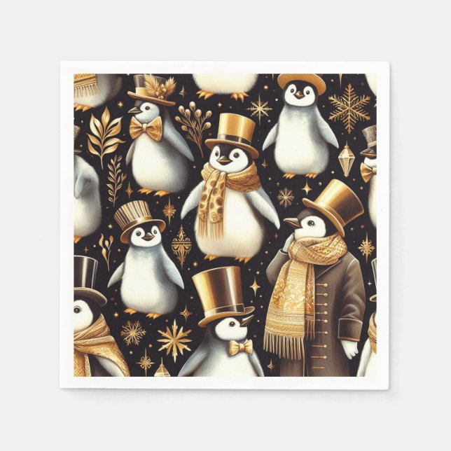 Schwarz-Golden-Pinguin Serviette (Vorderseite)