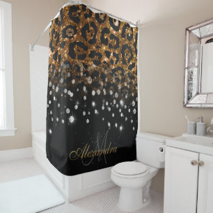 Schwarz/Golden Sparkle Leopard Print Duschvorhang
