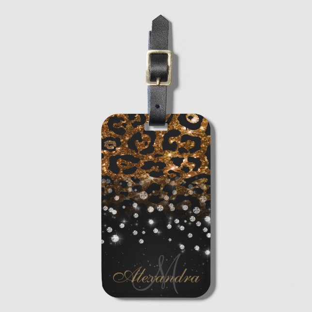 Schwarz/Golden Sparkle Leopard Print Gepäckanhänger (Vorderseite Vertikal)
