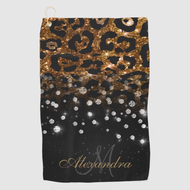 Schwarz/Golden Sparkle Leopard Print Golfhandtuch (Vorderseite)