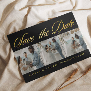 Schwarz-goldene Fotocollage Strandhochzeit Save The Date