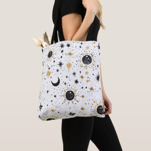 Schwarz-goldene himmlische Sonne Mond Sterne Tasche