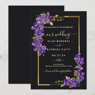 Schwarz-goldene Hochzeit  Lila Veilchen Elegante H Einladung