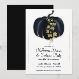 Schwarz-goldener Glamour-Kürbis-Halloween-Dinnerpa Einladung
