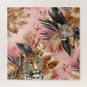 Schwarz-goldener Leopard vor rosa Hintergrund