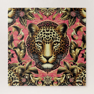 Schwarz-goldener Leopard vor rosa Hintergrund