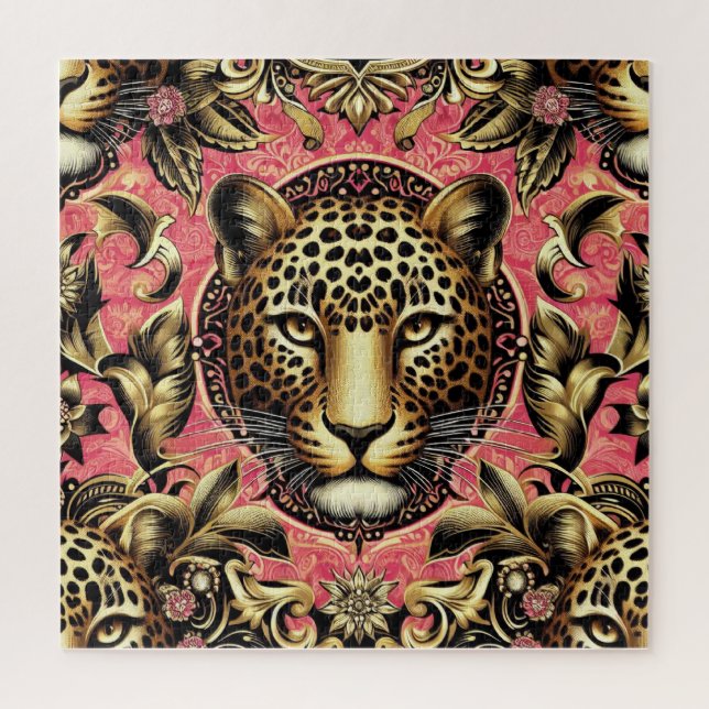 Schwarz-goldener Leopard vor rosa Hintergrund (Vertikal)
