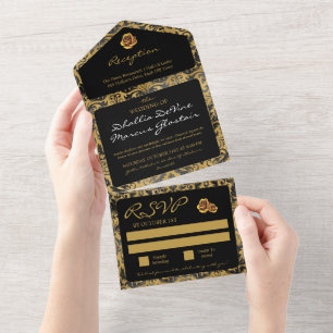 Schwarz-goldenes Goth-Muster  All In One Einladung