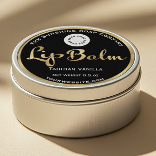 Schwarz-goldenes Lippenbalsam-Etikett mit Logo. Runder Aufkleber