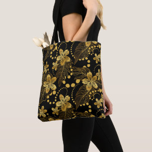 Schwarz-goldenes tropisches Blätter- und Blumenmus Tasche