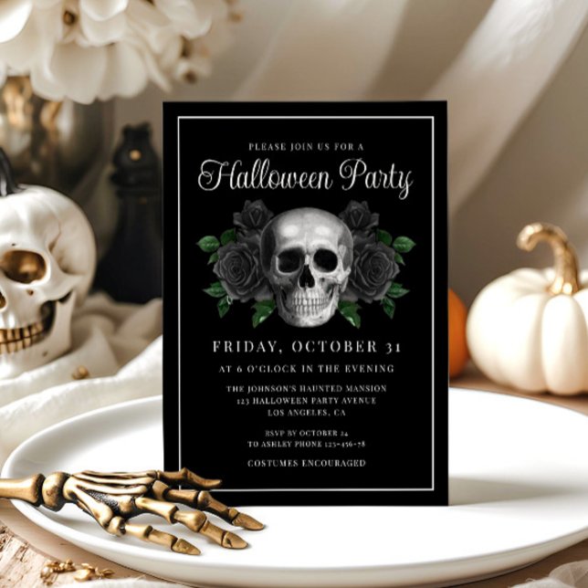 Schwarz-Gotik-Bläschen-Halloween-Einladung Einladung (Black Gothic Floral Skull Halloween Invitation)