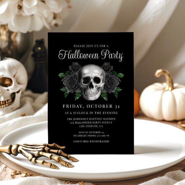 Schwarz-Gotik-Bläschen-Halloween-Einladung Einladung (Black Gothic Floral Skull Halloween Invitation)
